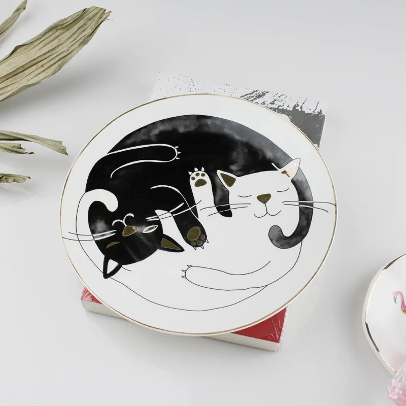 Household kitchen tableware bone china Cartoon ceramic round gold rim cat ring dish