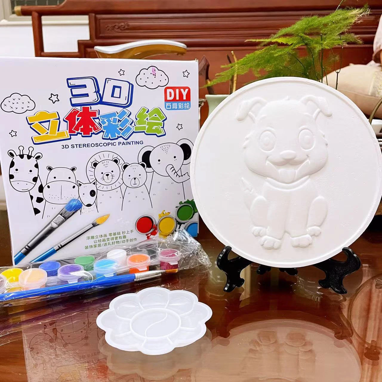 Hot selling kids coloring acrylic paint mini 3d relief painting crafts with easel