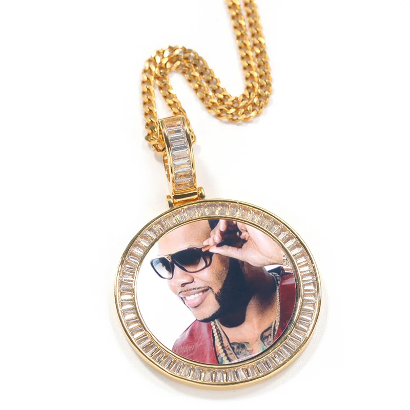 Custom Hiphop Jewelry Cubic Zirconia CZ Iced Out Round Photo Locket Charm Pendant Necklace For Women Men