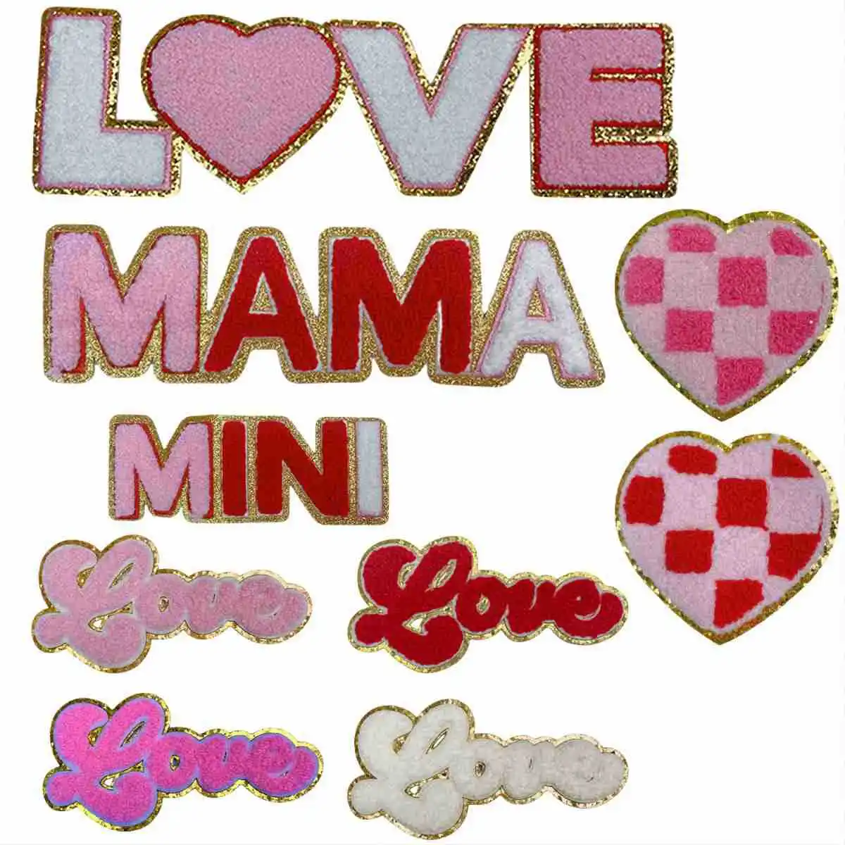 Hot Selling Big Size Iron on Chenille Embroidered Gold Edge Mama Love Be Mine Letter Patch for T-shirt Hoodies