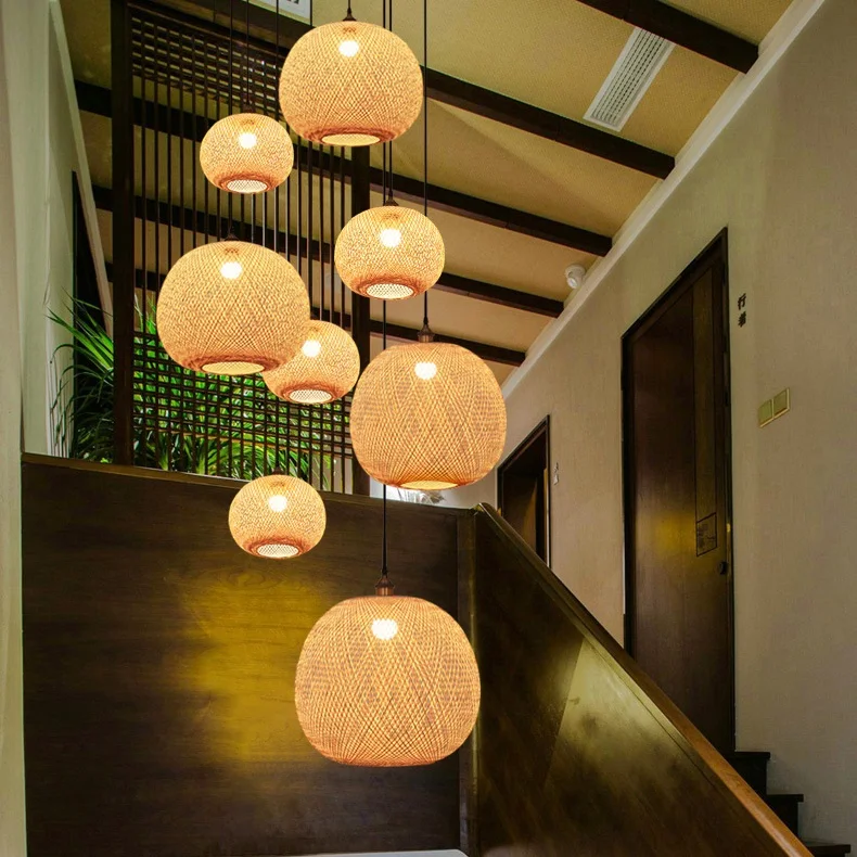 Wholesale Art Handmade Hanging Pendant Light Chandeliers Island Beach Bamboo Weave Lamp