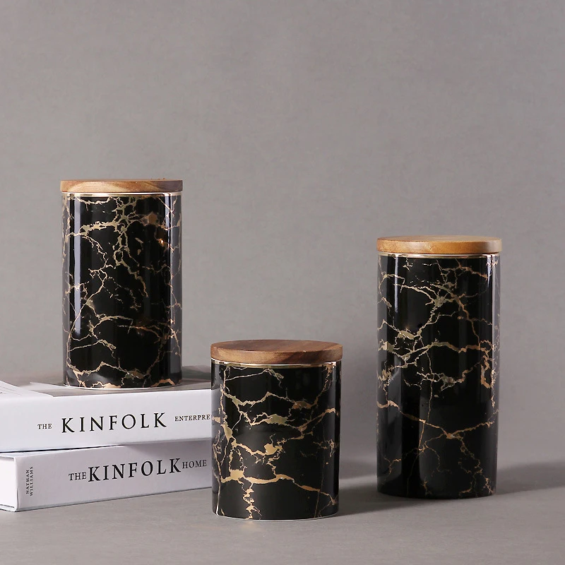 Nordic style kitchen luxury storage jar cylinder black marble ceramic coffee tea sugar canisters with wood lid