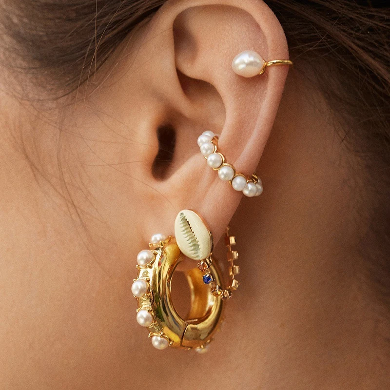 High quality gold plated statement ear cuff earrings jewelry geometric C shape pearl cuff earring for women