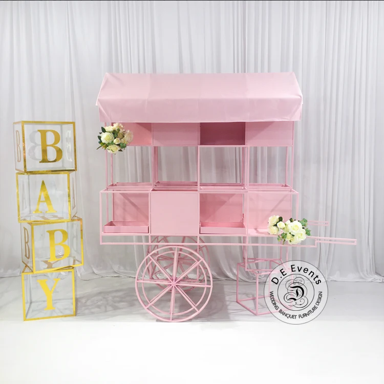 Hot sale events party decoration dessert stainless display cart pink metal candy cart for wedding