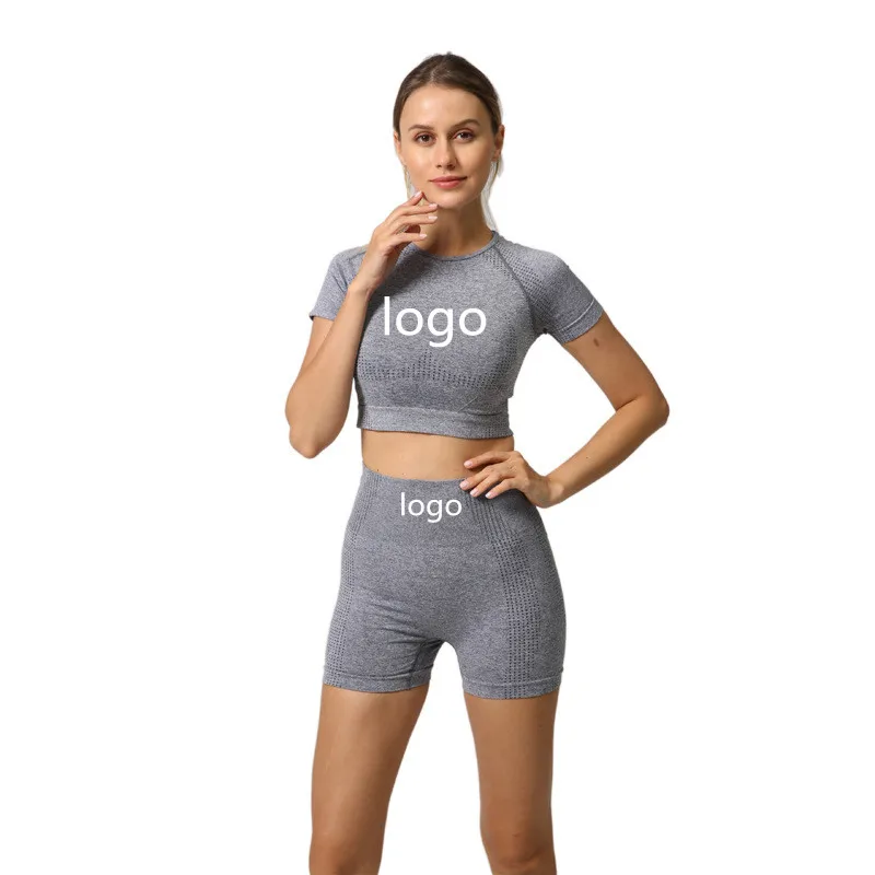 Women Short Sleeve Yoga Set 2 Piece Vital Seamless Sport Suit Gym Clothes Fitness Crop Top Shirt High Waist Shorts Sportswear