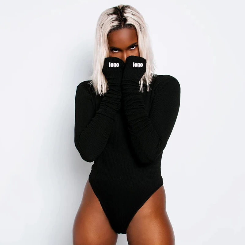 
Custom Logo Thumb Hole Turtleneck Longer Arm Women Bodysuits For Women Long Sleeve Bodysuits Knit Blank Bodysuit Tops 