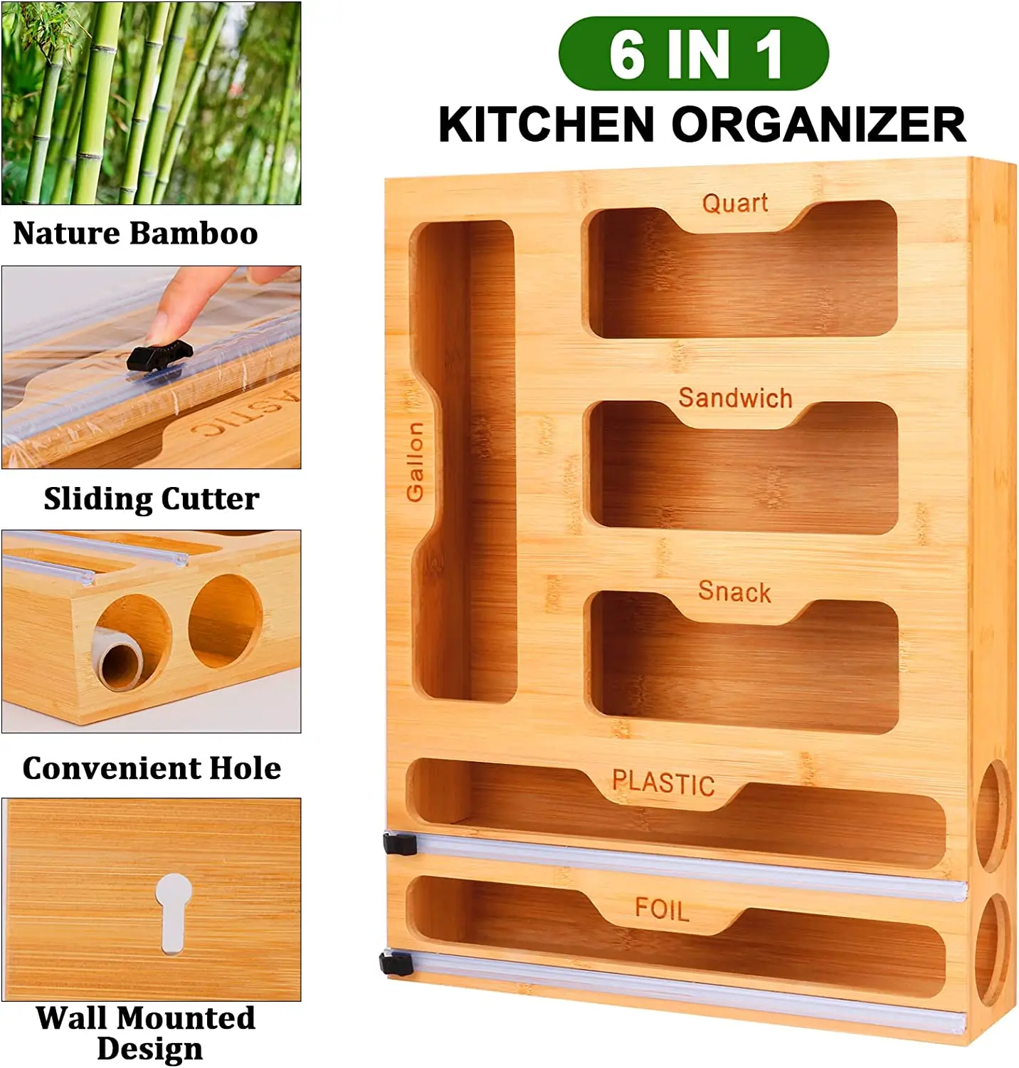 6 в 1 Натуральный Бамбуковый пакет на молнии органайзер для хранения бамбуковый кухни сэндвич-пакет галлон