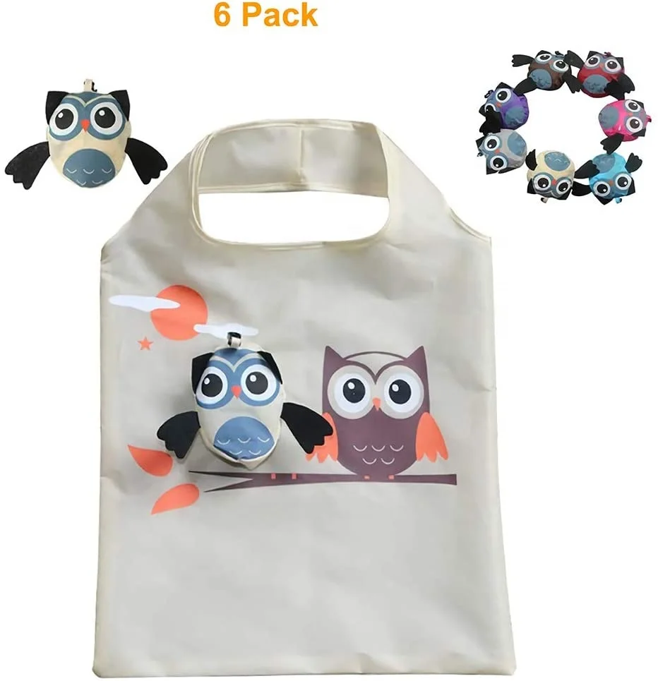 Eco Friendly Reusable Shopping Tote Bags Cute Cartoon Owl Foldable Grocery Bag with Pouch