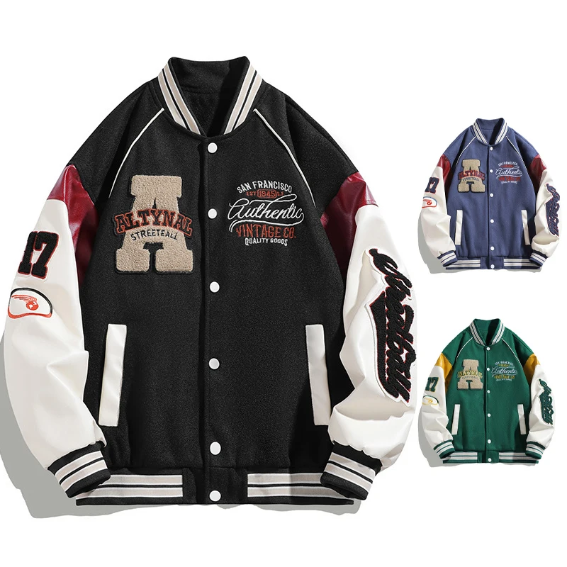 Unisex Casual Streetwear Baseball Jacket Embroidery Patch Varsity Long Sleeve Windbreaker with Stand Collar Winter Thin Style