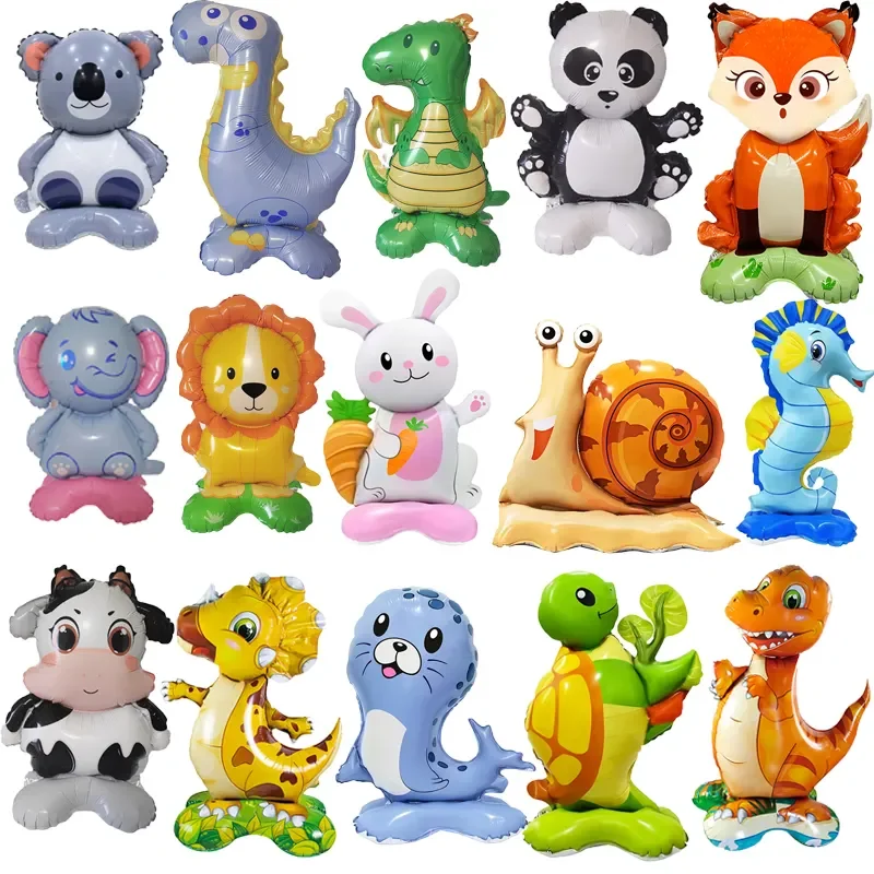 New Arrival Cartoon Standing Animal Lion Dinosaur Panda Fox Foil Balloon Jungle Birthday Party Baby Shower Base Balloons