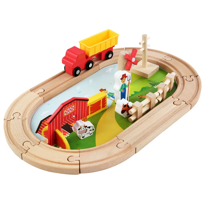 New Arrival Railway Wooden Train Track Set with Block Popular Preschool Children Wood Train Track Toys