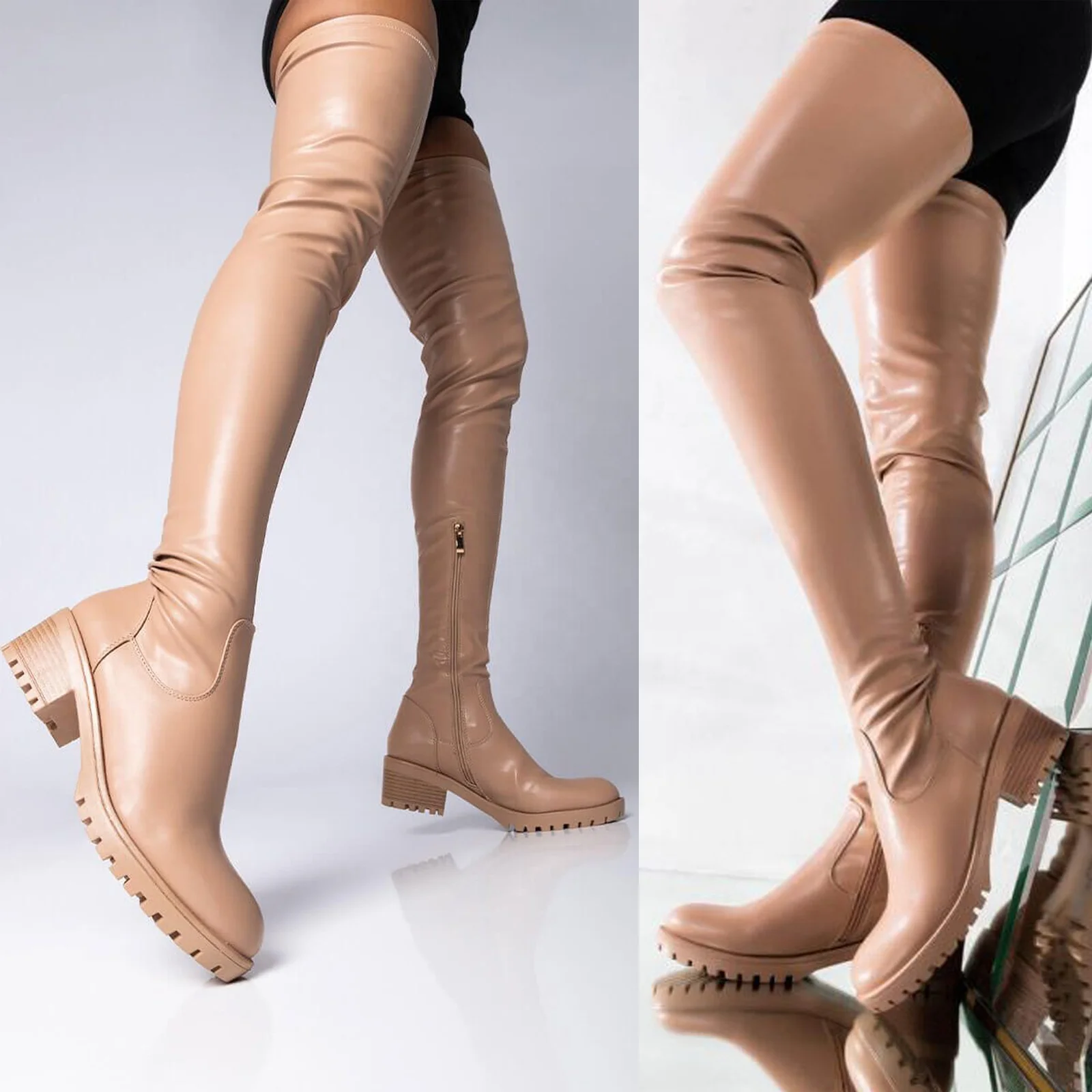 Round Toe Flat Heel Nude Boots Long Over Knee High Women Boots 2021 Winter New Customized Design Size 43