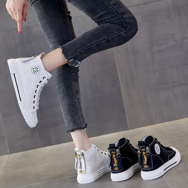 Женские высокие кроссовки из натуральной кожи, повседневная обувь на плоской подошве в стиле ретро, для студенток, осень