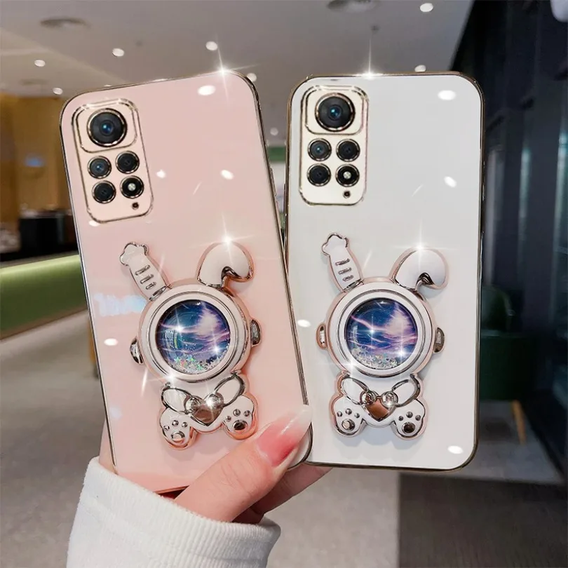 Case for Xiaomi Redmi Note 11 11S 10 10S 9 9S 8 8T 7 5 Pro 4G 5G Space Rabbit Quicksand Plating Phone Bracket Silicone Cover