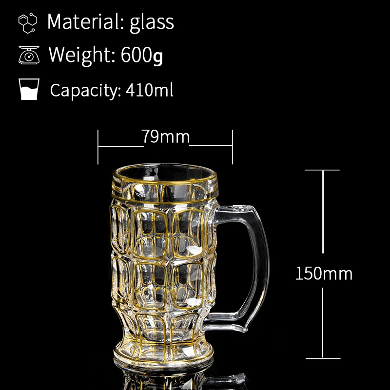 
NEW DESIGNED GLASS BEER CUP WITH HANDLE, IN GOLDEN LINE, 410ML,D79 H150 