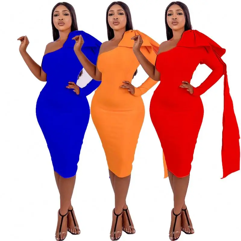 D3039M 2022 New Arrival Over size Career dresses OL Commuter Ladies Dress One Shoulder Bow Elastic Hip Wrap Dress
