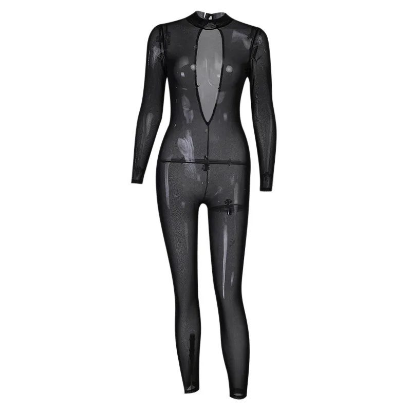 Соблазнительный сетчатый однотонный клубный комбинезон с открытой спиной и высоким воротником