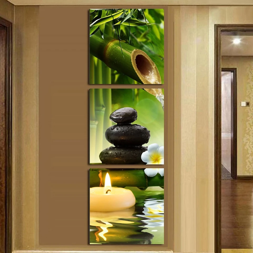 
3 Piece Hd Picture SPA Stone Candle Bamboo Posters Art Original Decor Wall Canvas Print Painting 