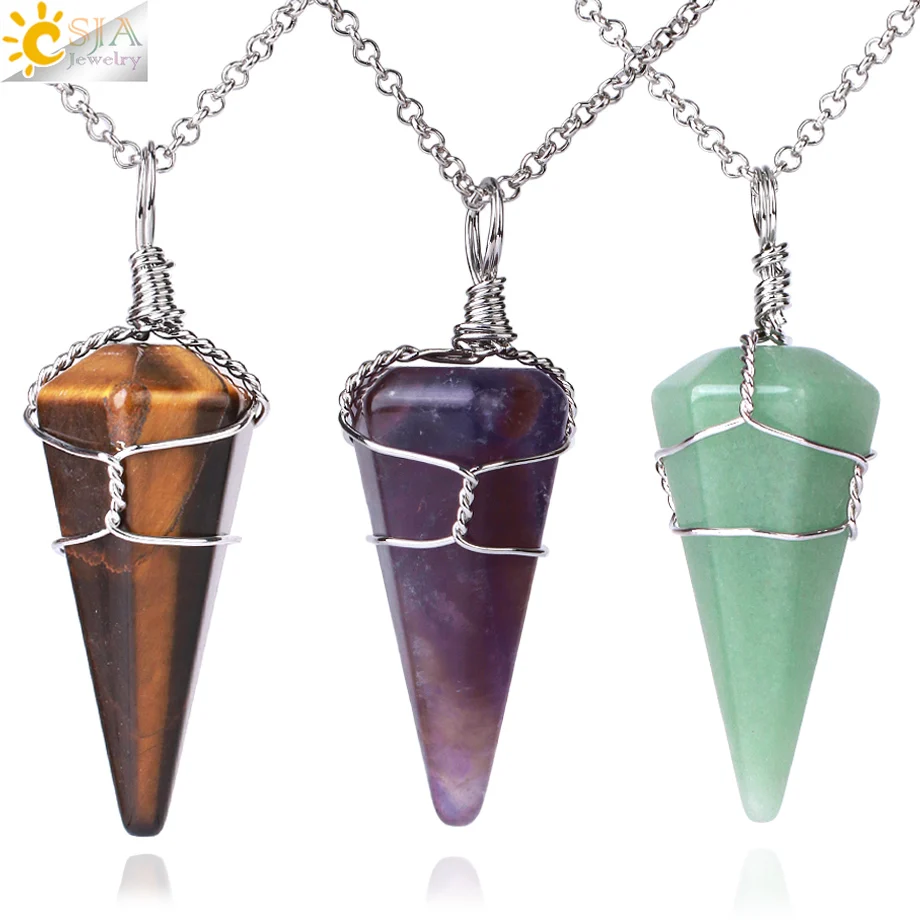 CSJA New Stainless Steel Wire Wrapped Jewelry Natural Gemstone Crystal Pendant Necklace For Women H020