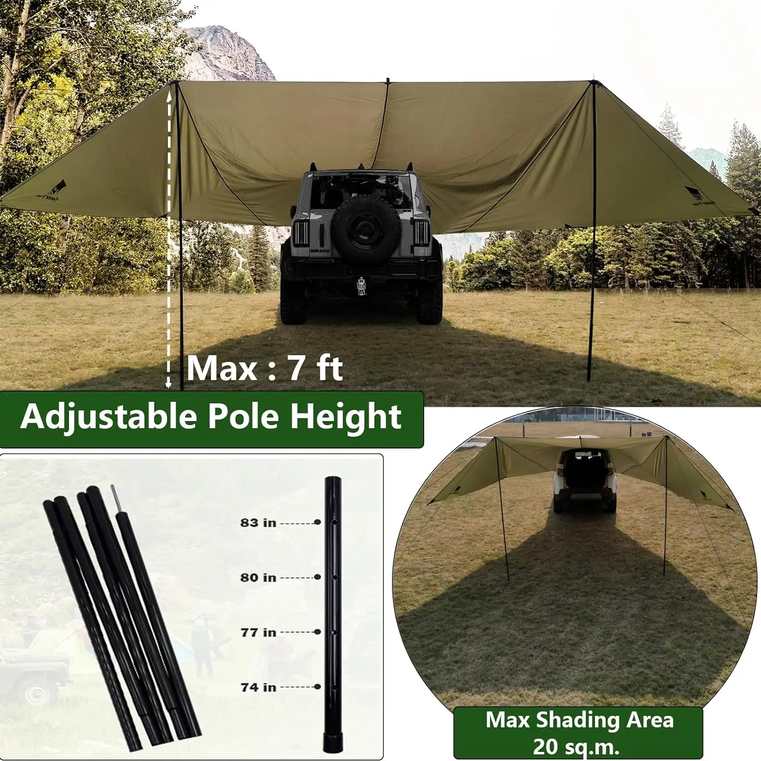 Ultra Light SUV  Car Side Awning Pole Outdoor Camping Tent Travel For Sun Shelter Canopy