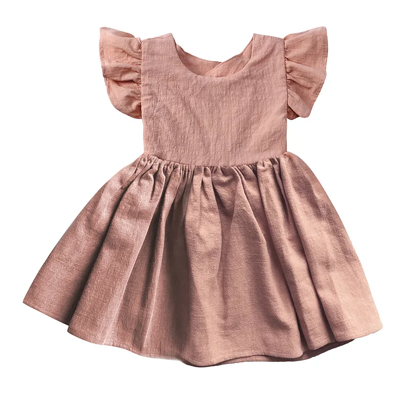 1409 Summer Back Bow Children Girls Flutter Sleeve Princess Dresses Ruffle Sleeve Linen Cotton Baby Kids Dress