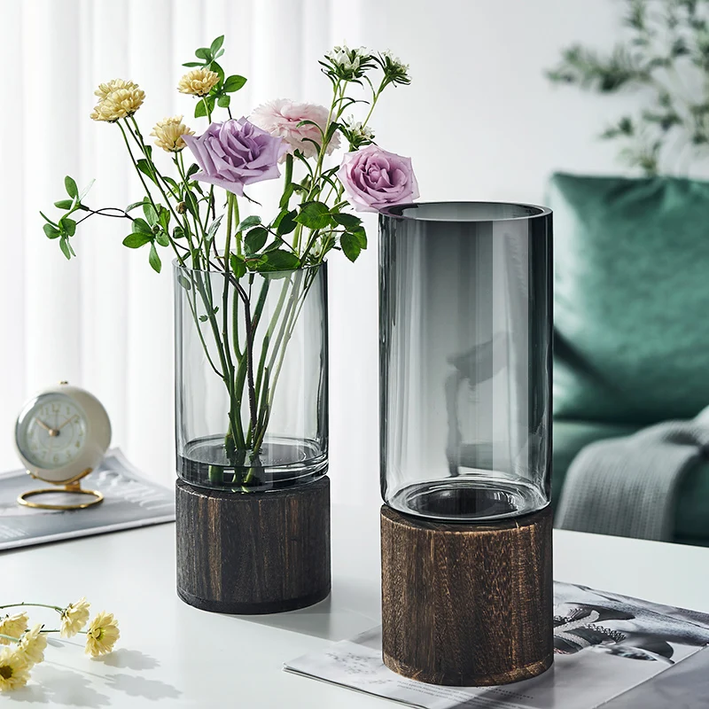 Ywbeyond Wholesale Luxury Living Room Table Home Decor Nordic Cylinder Flower Glass Vase With Wooden Base