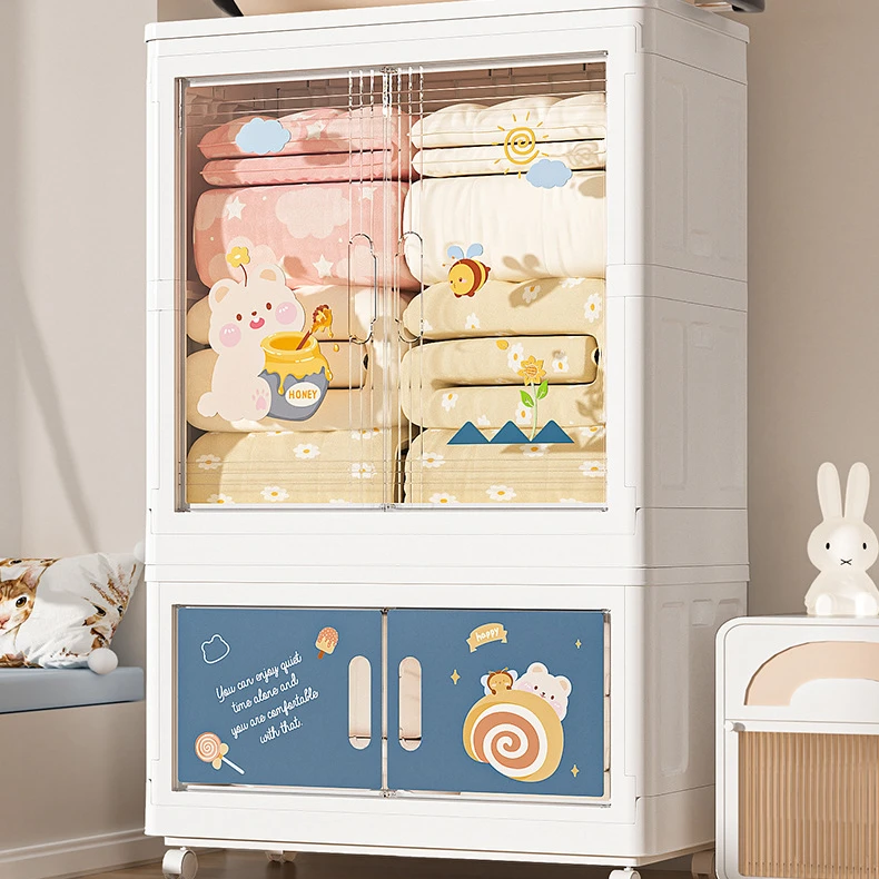 75cm plane width folding plastic wardrobe with hanger baby clothing storage bin with side opening doors and wheels free-installa