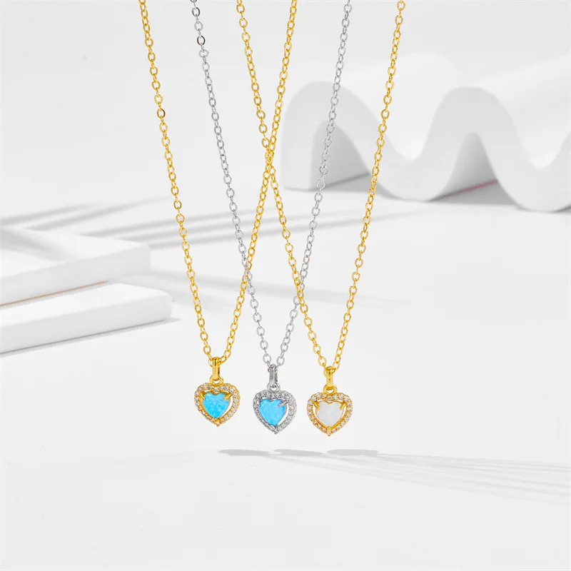 S925 Sterling Silver Ocean Heart Opal necklace Classic Simple Inlaid Stone Love Jewelry Necklace Wholesale