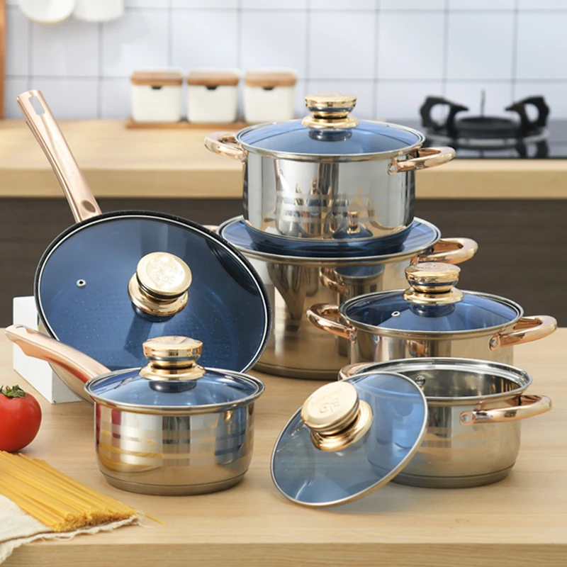 Wholesale Kitchen Ware Cooking Pot Set 12pcs Stainless Steel Kitchenware Golden Cookware Set with Frying Pan and Milk Pot