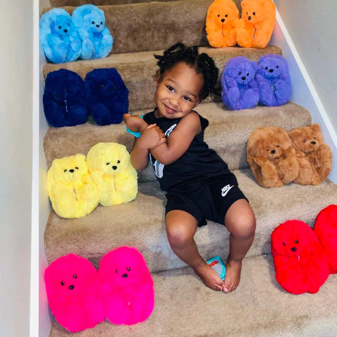 Soild color kids teddy bear slippers plush fur house bedroom warm baby teddy bear slide for boy and girl