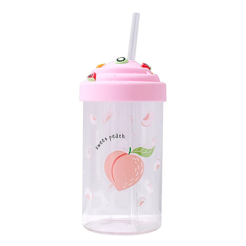 Simple Fruit Transparent Glass Without Bpa Cute Girl Children With Lid Straw Tumbler