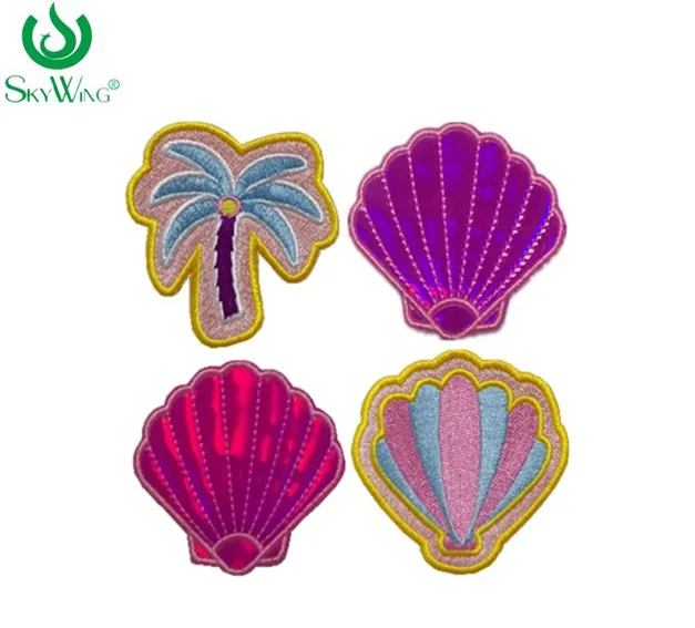 Palm Tree and Shell Custom Embroidered Patches Factory Design Iron on Summer Beach Pants and T-shirts