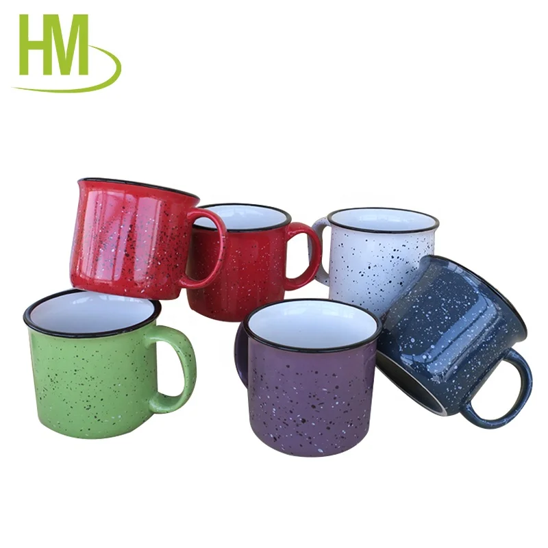 Custom print glazed color with black speckles enamel outdoor camping fire ceramic mugs