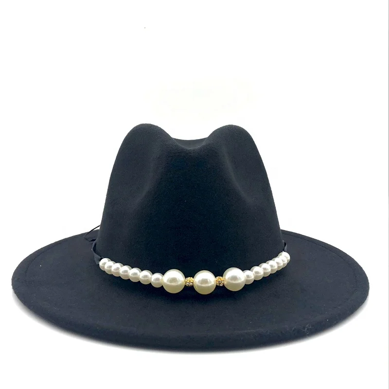 New Felt Hat Women Fedora Hats with Pearls Belt Caps 100% Wool Custom Logo Custom Color 100%cotton Tactical Cap