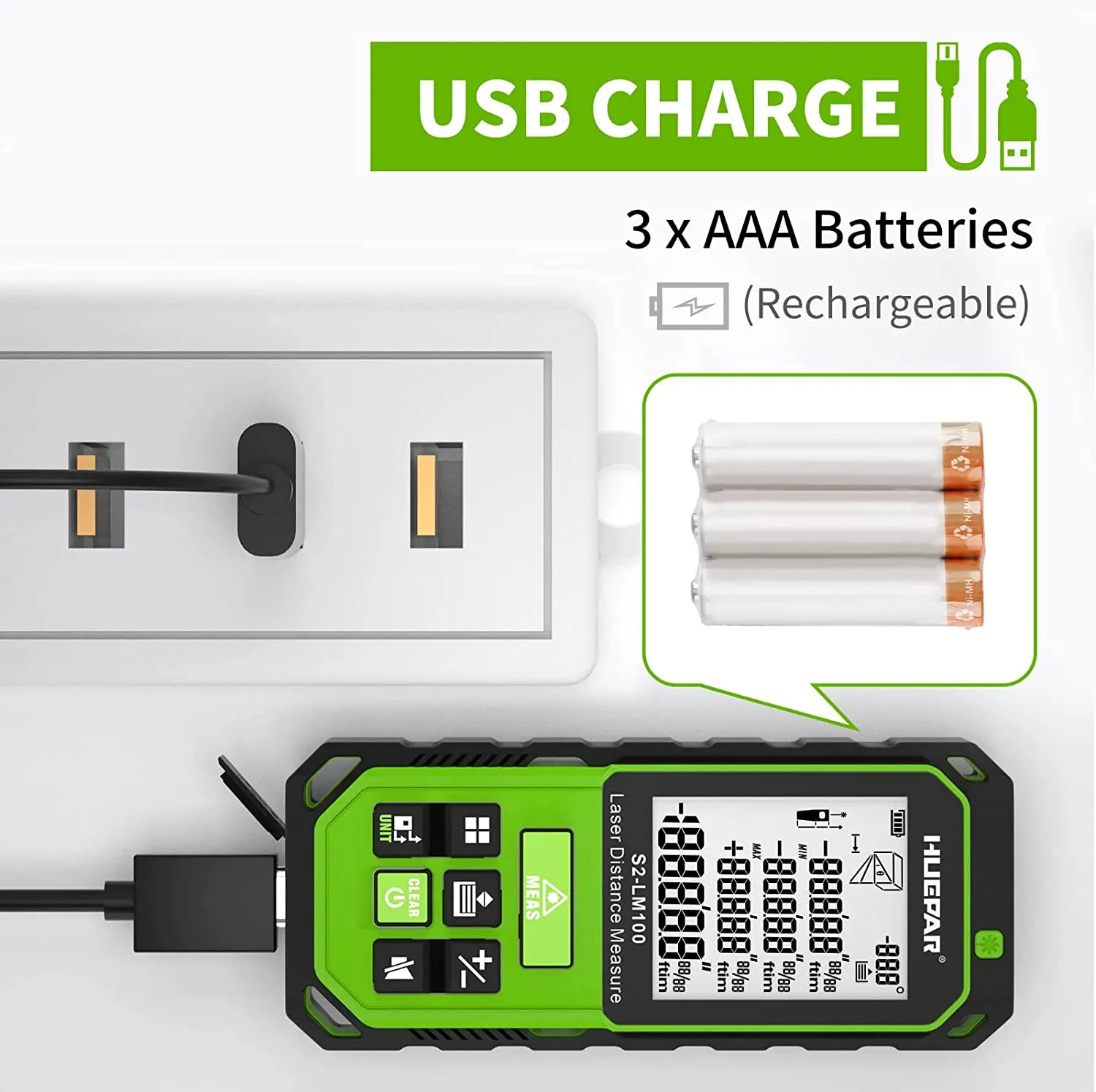 Huepar S2-LM60 Smart Digital Rechargeable Distance Laser Meter 50M LCD Screen