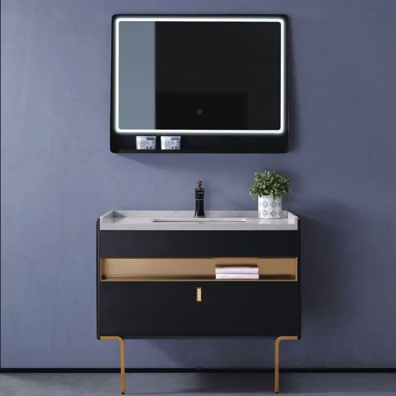 BNITM European Style Modern Black Bathroom Sink Furniture Cabinet Ceramic Sink Floor Mounted Includes Mirror-Vanity Set
