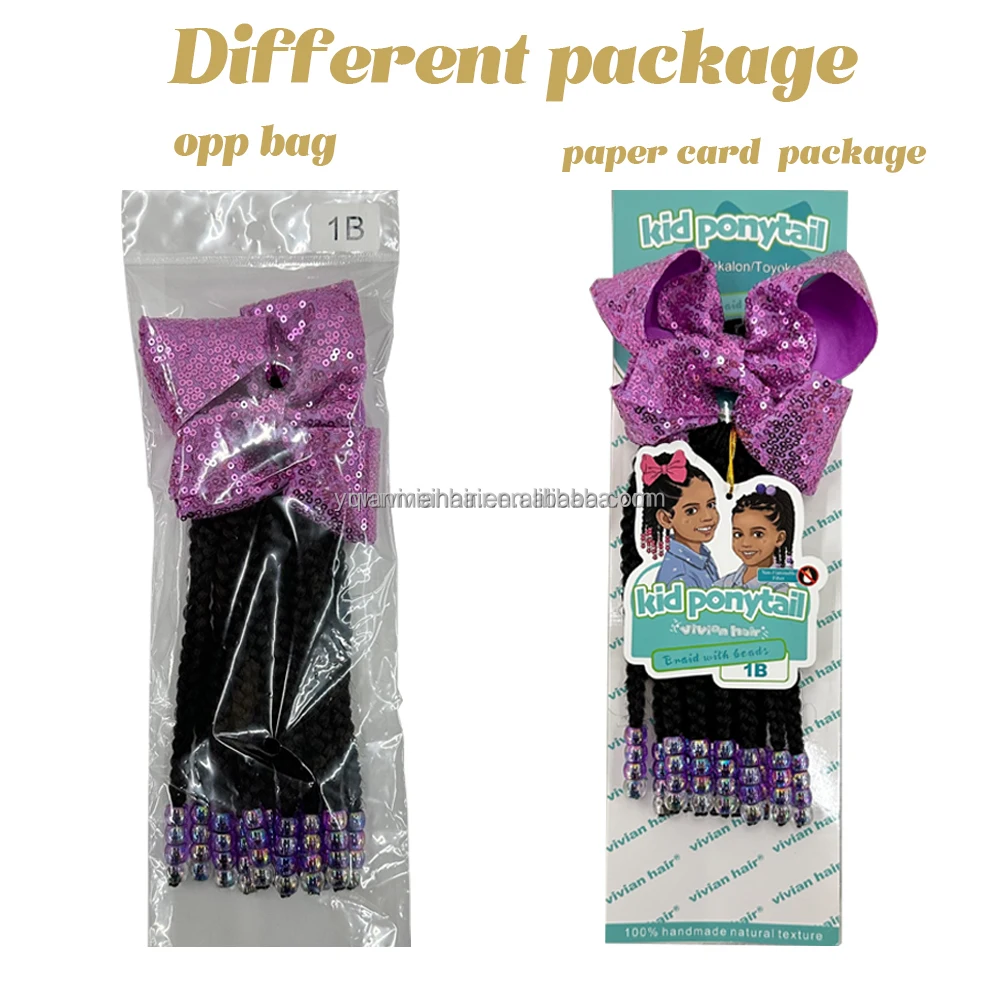 Vivian custom 5inch 8inch 10inch sengel twist kids braids elastic ponytails with colorful crochet beads with Bow Tie wholesale