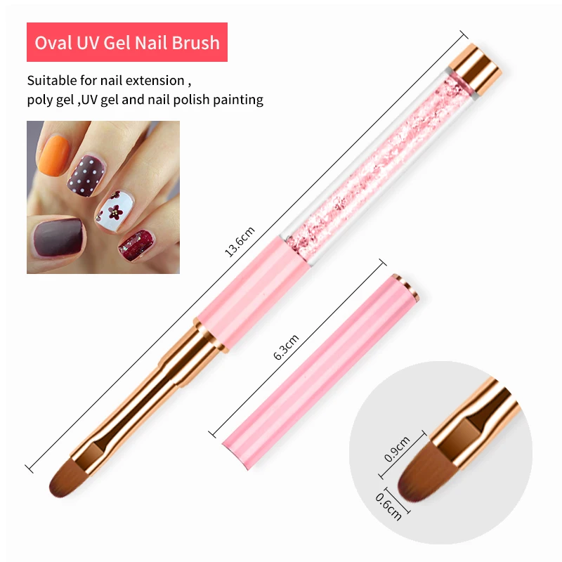 Nail Art Pink Brush Manicure Tools Custom Logo Japanese Kolinsky Hair Flat/Oval UV Gel Brush Rose Gold  With Crystal Handle