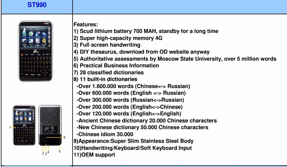 Electronic dictionary ST990 Touching electronic translator Chinese+ Russian language