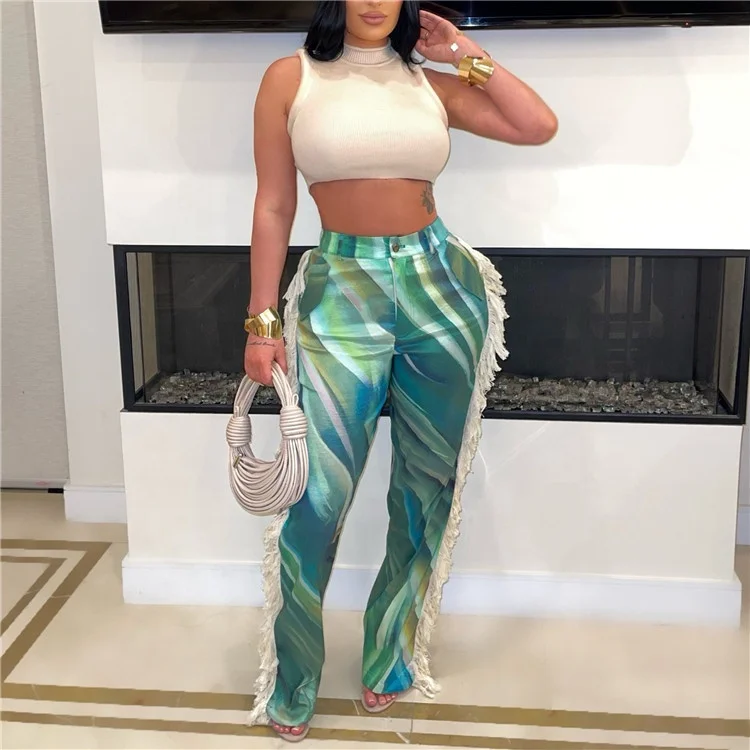 Pattern Print Tassels Pants Women High Waist Trousers Fashion Female Vintage Bottoms