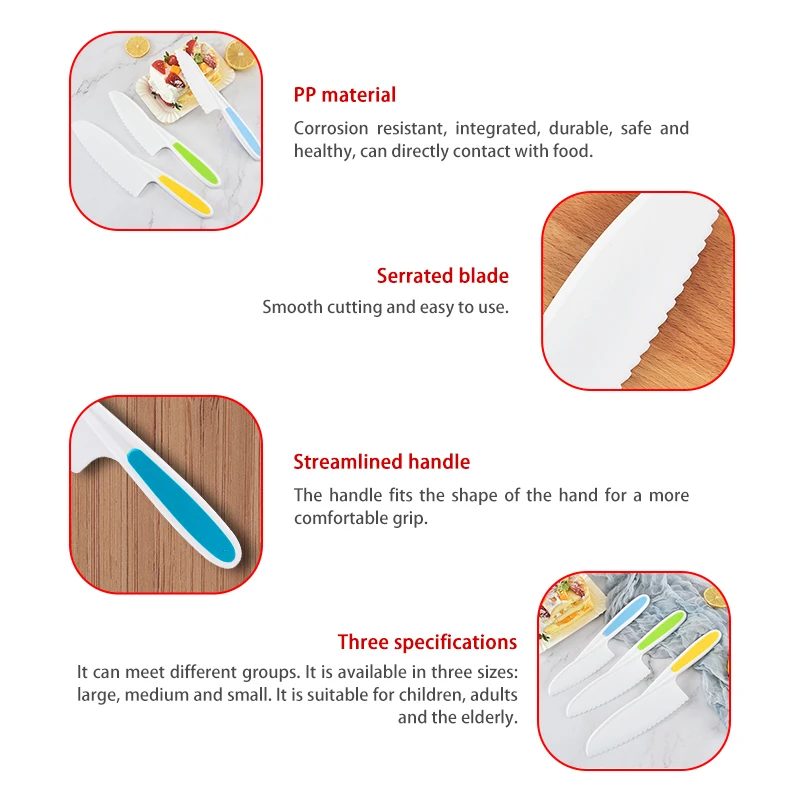 New Arrival Eco friendly Kitchen Fruit Vegetable Lettuce Cake Salad Plastic Knife PP Kids Safe Knife