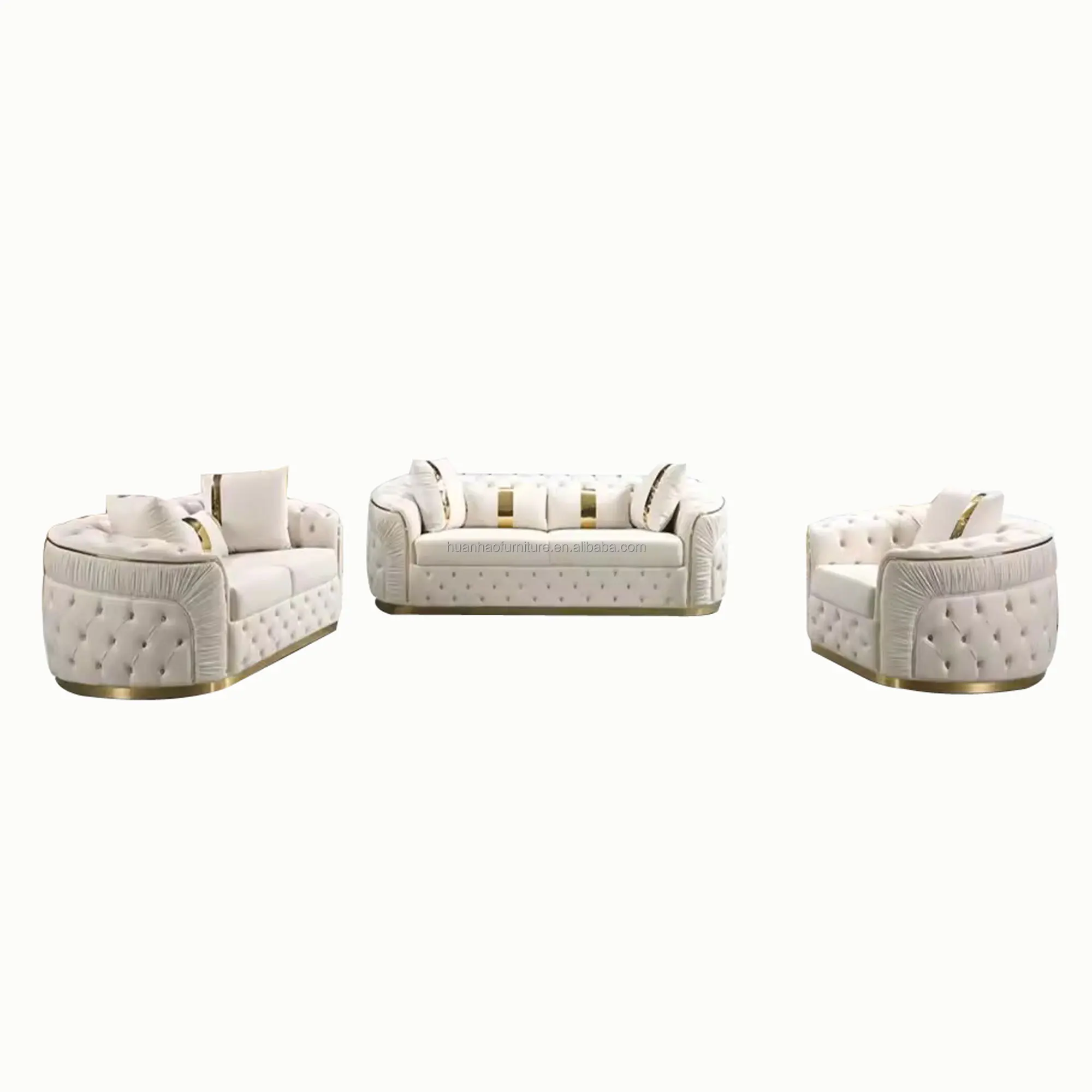 luxury white velvet love seat three seat tufted living room sofas sofa with golden stainless steel decoration