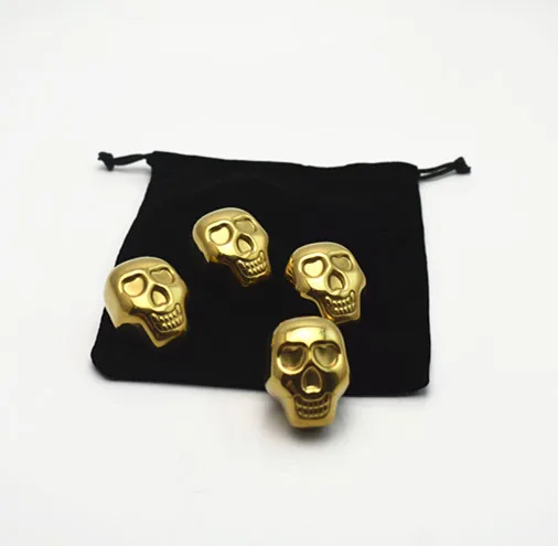 4 pcs Gift Set Food Grade Reusable Chilling Stainless Steel Gold Skull Skeleton Shape Metal Ice Cube Whiskey Stone