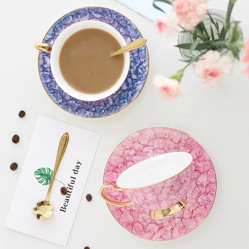European household drinkware bone china coffee cup set English afternoon tea flower tea porcelain cup and saucer with holder