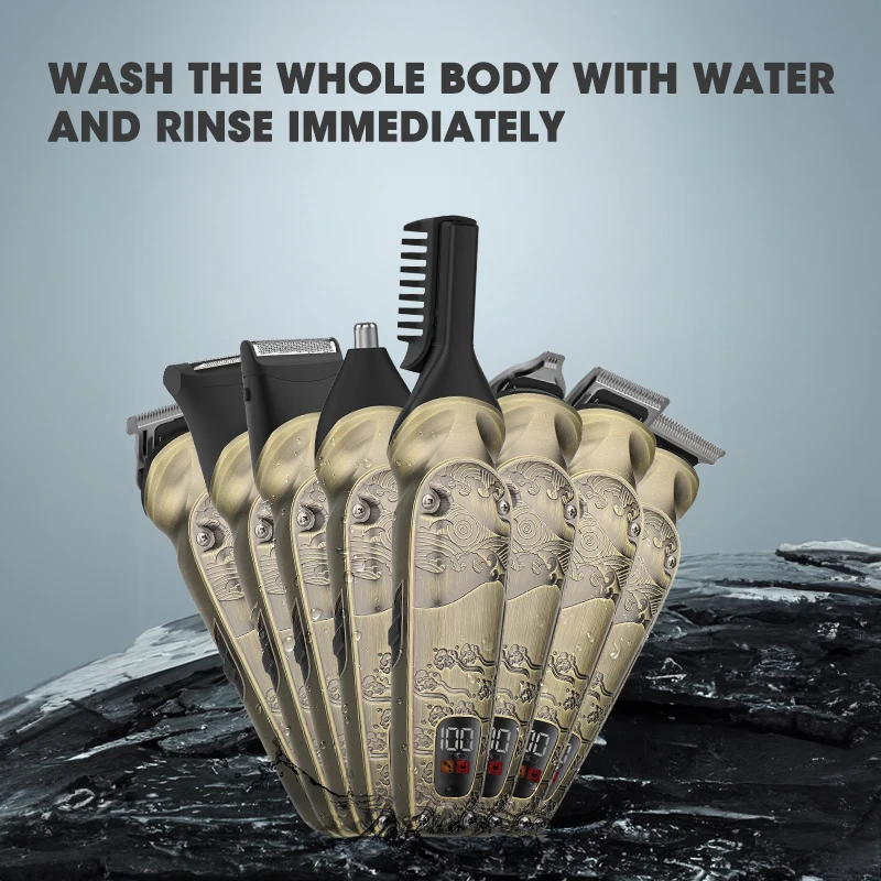 Lanumi 708 retro metal body multi grooming kit ipx6 waterproof 8-in-1 Men Grooming Kit LCD display beard hair trimmer With base