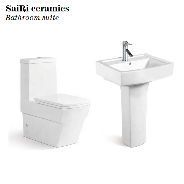 SaiRi Cheap bathroom suites square two piece toilet bowl with counter designs washbasin and bidet in set