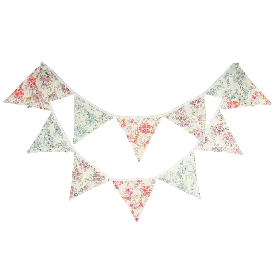 Vintage Floral 12-Piece Cotton Flag Bunting Garland Graduation Halloween Party Rustic Floral Birthday Holiday Decoration Banner