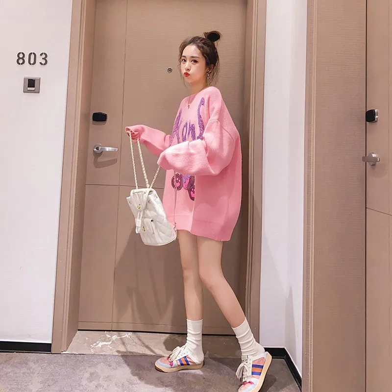 New arrival round neck lovely cartoon print women knitted  jumper