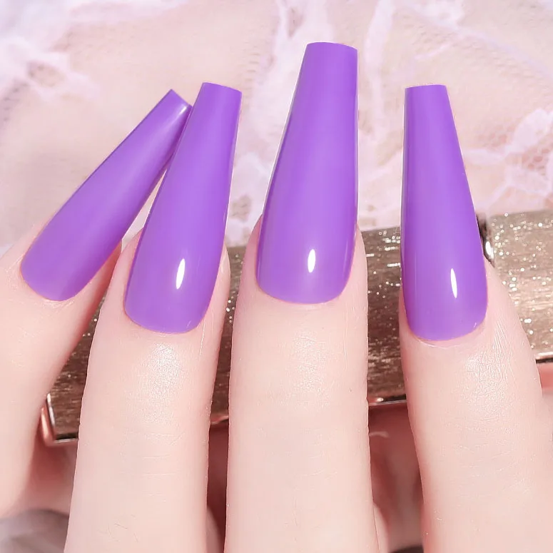 24PCS Noctilucence Neon Lights Luminous Long Ballet Nightclub Party Girls Coffin Fake Nails