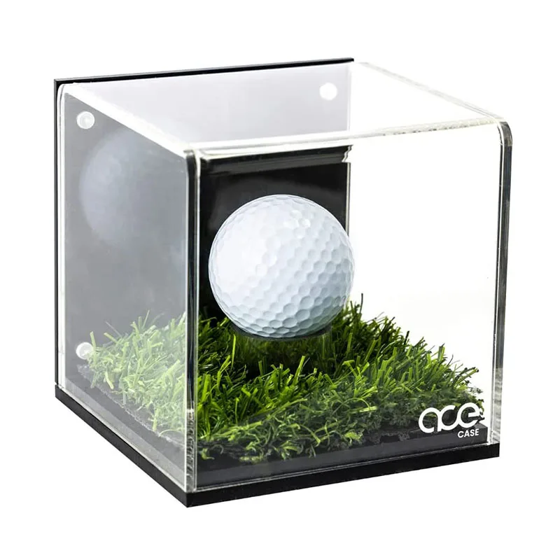 square perspex Golf Ball Display for Enthusiasts clear acrylic Golf Ball Display Case with Turf and Magnetic Card/Picture Slot